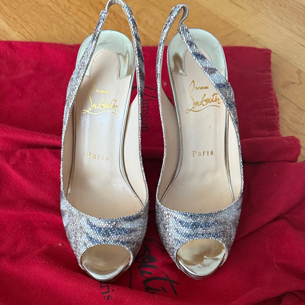 Christian Louboutin Glittering Silver and gold Slingback Heels 37.5